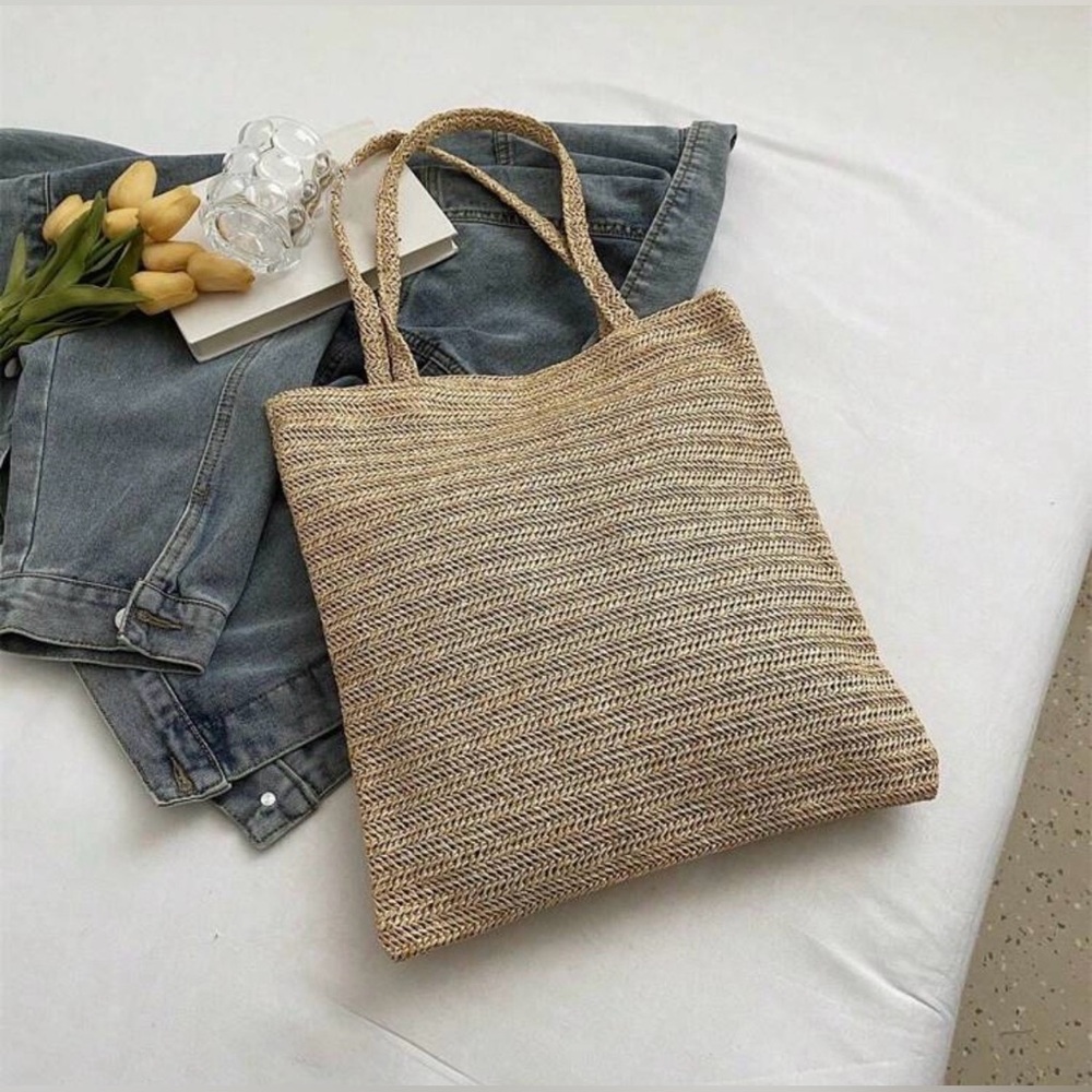 "Sandy" Pearl-Embellished Tan Weaved Tote Bag! NWOT - Picture 5 of 9